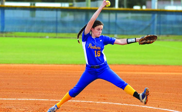 Brittney Funk gets ready to release a pitch for Palatka High Friday night against Pierson Taylor. (GREG OYSTER / Special To The Daily News)
