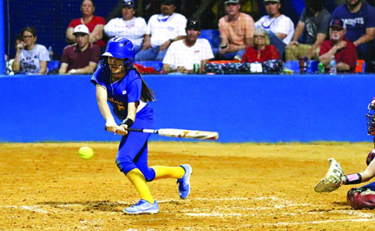 Palatka High's Jaden Musgrove shortens up on a running swing against Pierson Taylor. Musgrove delivered two hits in the Panthers' 2-0 loss to Pierson Taylor. (GREG OYSTER / Special To The Daily News)