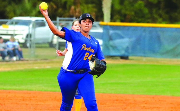 Jesenia Feggins fires from third for Palatka last Friday against Pierson Taylor. (GREG OYSTER / Special To The Daily News)