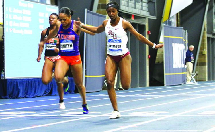 Florida State’s Ka’Tia Seymour crosses the finish line to win the 60-meter dash at the ACC Indoor Track Championships on March 1 at Notre Dame University. (BOB THOMAS / Florida State Sports Information photo)