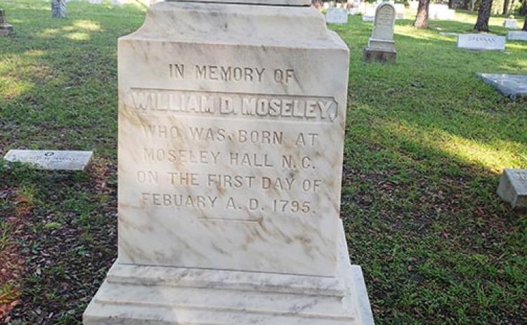 A monument in West View Cemetery for William Moseley, Florida's first elected governor.