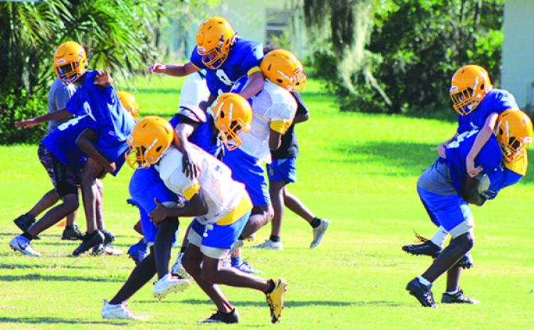 Palatka High School football team players go through a tackling drill during a practice last week. (MARK BLUMENTHAL / Palatka Daily News)