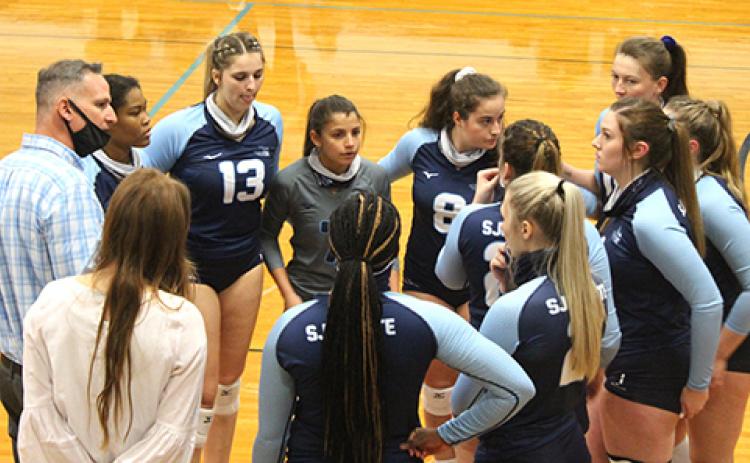 St. Johns River State College volleyball coach Matt Cohen (left) and his team are 9-5 this season. (MARK BLUMENTHAL / Palatka Daily News)