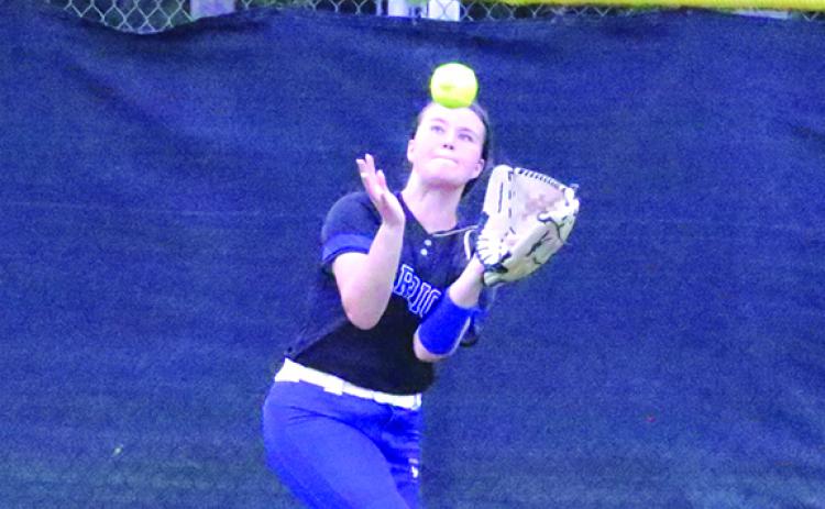 Peniel Baptist Academy outfielder Paige Bryan ranges over to catch Daci Sarver’s flyball out to end the second inning. (ANTHONY RICHARDS / Palatka Daily News)