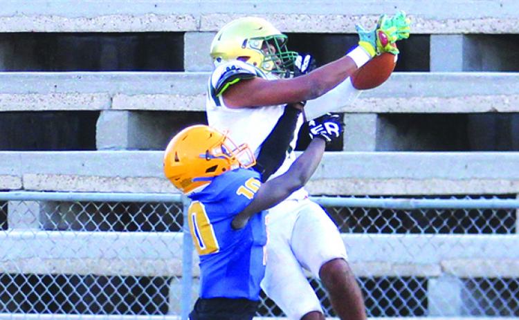 Palatka’s Tommy Robinson (left) knocks the ball away from Nease receiver Donovan Wilson. (MARK BLUMENTHAL / Palatka Daily News)