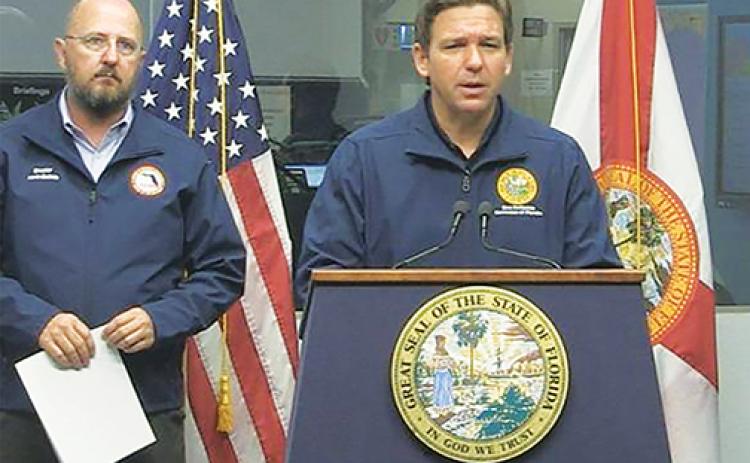 Gov. Ron DeSantis speaks during a press conference about Tropical Storm Elsa on Wednesday.