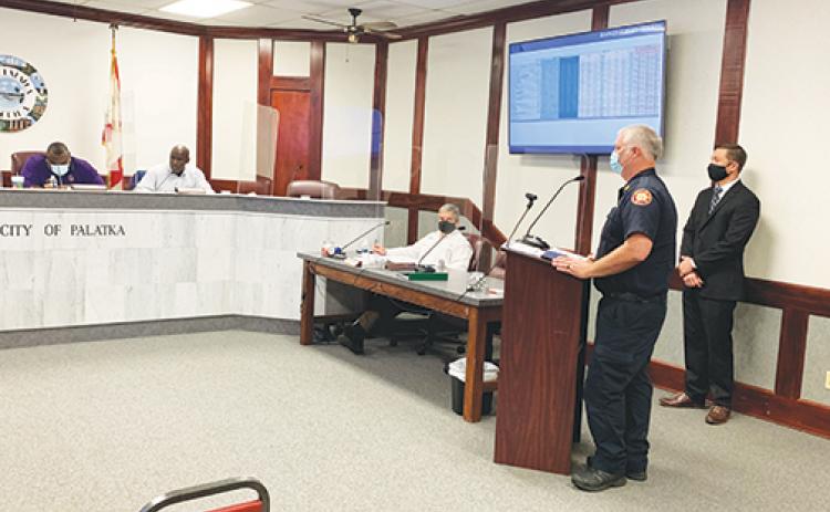 Fire Chief Chris Taylor talks to the Palatka City Commission during a budget workshop Monday afternoon.