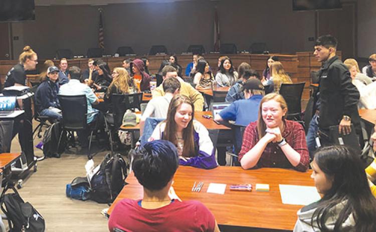 Cambridge students from Q.I. Roberts Junior-Senior High School and Crescent City High School collaborate in February 2020 at the Putnam County School District headquarters in Palatka.