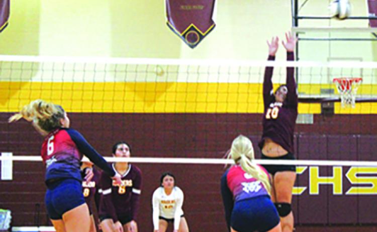 Adrianna Compusano lets loose with a kill attempt against Crescent City’s  Morgan Brady during Thursday’s match won by the visiting Wildcats. (MARK BLUMENTHAL / Palatka Daily News)