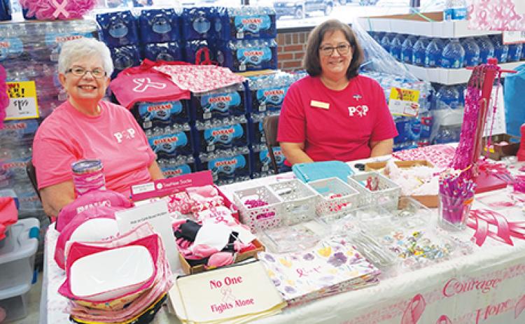 Deborah Johnson and Lucy May of Pink Out Putnam sit at their table inside Hitchcock’s supermarket in East Palatka on Saturday.