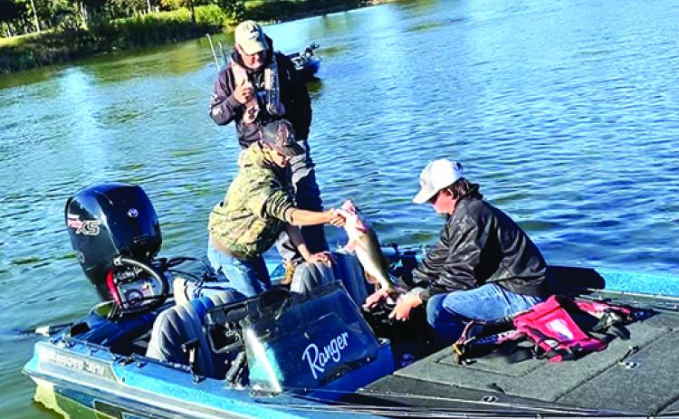 Boat captain Cliff Prince observes Syler Prince holding up the team’s fish, while Austin Peters reaches for the scale on Lake Seminole during last weekend’s event. (GREG WALKER / Daily News correspondent)