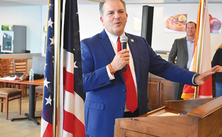 Republican Florida Chief Financial Officer Jimmy Patronis speaks Wednesday at Beef ‘O’ Brady’s in Palatka.