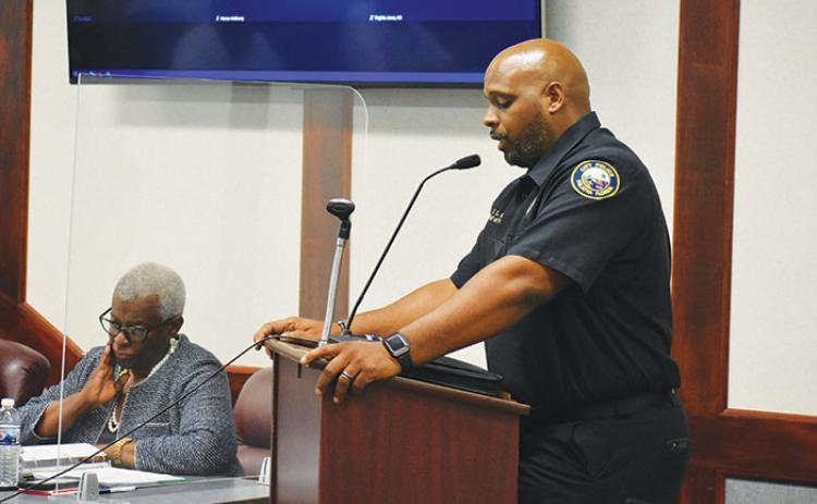 Palatka Police Chief Jason Shaw speaks at the meeting Thursday.