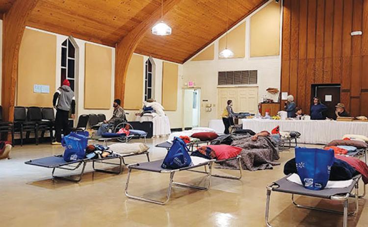 Cots are set up inside First Presbyterian Church's cold weather shelter during a frigid weekend in January.