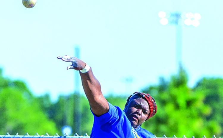 Palatka’s Terryance Poole unleashes her winning shot put toss during last year’s FHSAA 2A track and field championship at the University of North Florida last May. (Daily News file photo)