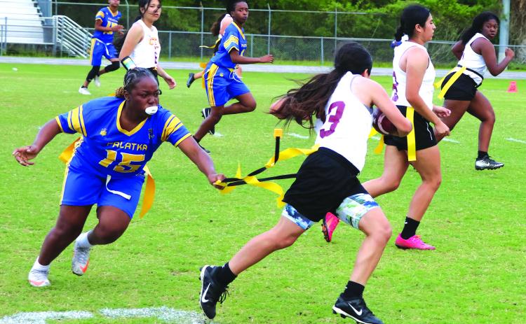 Crescent City’s Kirabella Williams tries to avoid the flag pull of Palatka’s Tiona Harris during Crescent City’s 34-0 triumph. (RITA FULLERTON / Special to the Daily News)