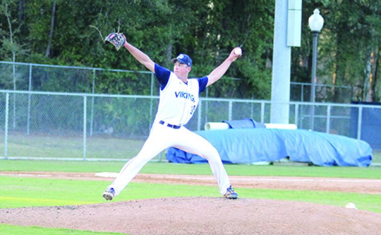 St. Johns River State’s Tanner Bauman (above) will get the ball to start Game 1 of the best-of-3 super region series at Chipola College. (MARK BLUMENTHAL / Palatka Daily News)