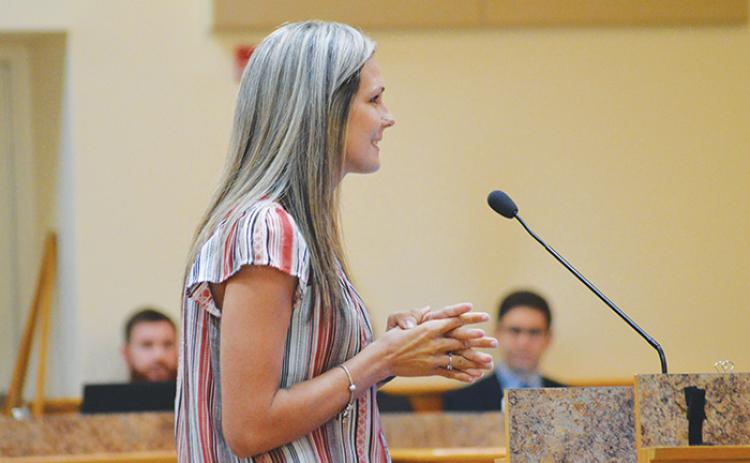 Putnam County resident Amber Gilbert speaks to the Board of County Commissioners on Tuesday about how the county’s Drug Court program changed her life. 