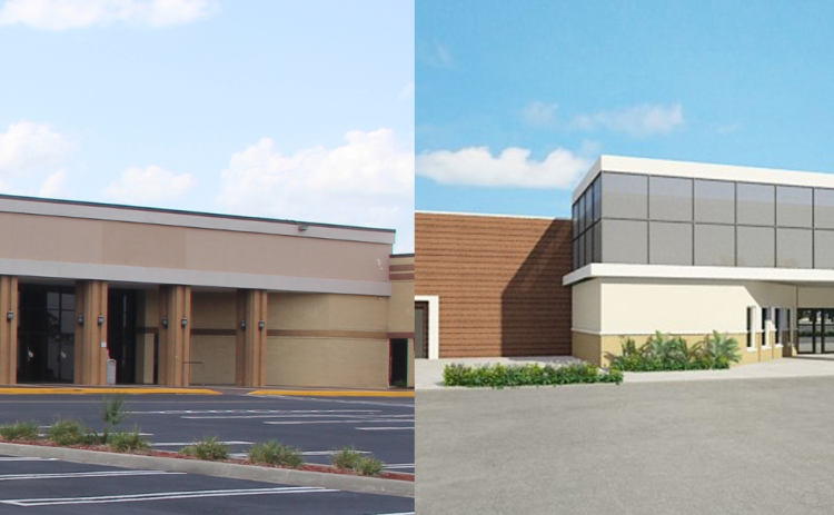 Left: A building in the Palatka Mall stands vacant Friday. Right: A rendering of the Palatka Mall depicts a new facade planned for the fourth quarter of this year.