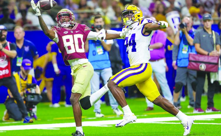 Florida State’s Ontaria Wilson concentrates as he hauls in a touchdown pass in front of LSU’s Jarrick Bernard-Converse in the first half of Sunday night’s game at the Superdome. (GREG OYSTER / Special To The Daily News)
