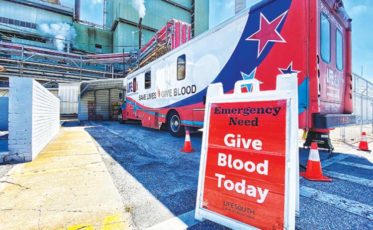 The LifeSouth Bloodmobile is parked outside Georgia-Pacific’s Palatka mill so the company’s current and retired employees could donate blood to help victims of Hurricane Ian.