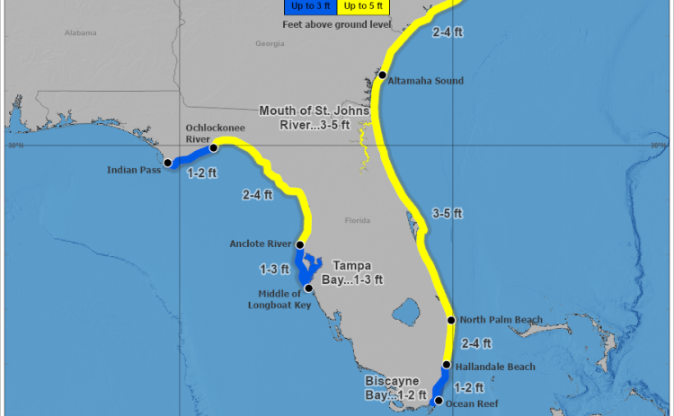 This graphic depicts the forecast storm surge inundation values that are provided in the tropical cyclone public advisory (TCP). These values represent the peak height the water could reach above normally dry ground somewhere within the specified areas. The yellow shaded areas include the St. Johns River to Lake George. (NWS)