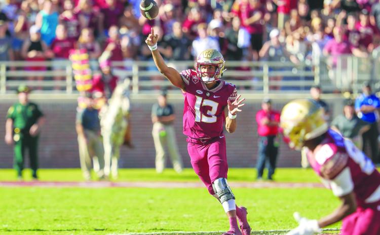 Florida State quarterback Jordan Travis lets a pass go during the Seminoles’ loss to Wake Forest last month at home. The Seminoles have won two straight games. (GREG OYSTER / Special to the Daily News)