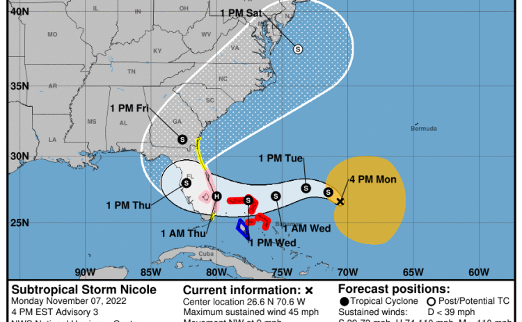 This is a map of Subtropical Storm Nicole's projected trajectory as of Monday afternoon..