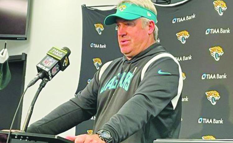 Jacksonville Jaguars coach Doug Pederson listens to a question during Sunday’s press conference after his team’s win over Dallas. (MARK BLUMENTHAL / Palatka Daily News)
