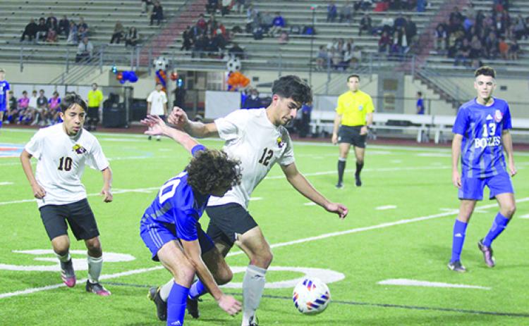 Crescent City’s Jesus Cruz (12), who has delivered a county best in both goals (39) and assists (15), will lead his Raiders back to Melbourne Saturday night to face off with Holy Trinity Episcopal. (MARK BLUMENTHAL / Palatka Daily News)