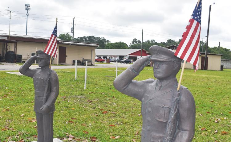 BRANDON D. OLIVER/Palatka Daily News Two statues of U.S. service members holding American flags have been placed at the VFW Post 3349 War Memorial Plaza.