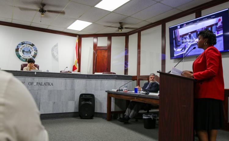 SARAH CAVACINI/Palatka Daily News. Palatka resident Tarsha Givens talks to the Palatka City Commission Thursday night about her passion for preserving Central Academy. 