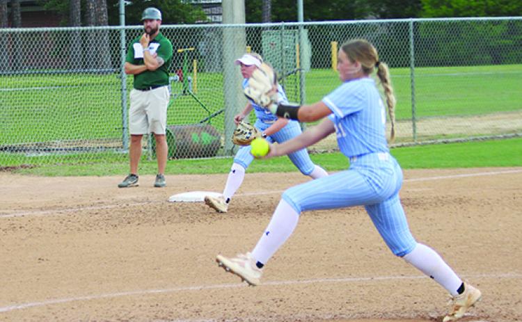 St. Johns River State College softball pitcher Carolyn Lasater winds up to throw a pitch Tuesday against Lake-Sumter. (MARK BLUMENTHAL / Palatka Daily News)
