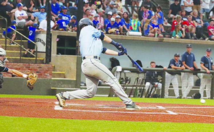 St. Johns River State College’s Nathan Gagnon hits the ball during Saturday night’s 13-7 win against Madison College of Wisconsin at the NJCAA Division II World Series in Enid, Oklahoma. (NJCAA Division II World Series pool photo)