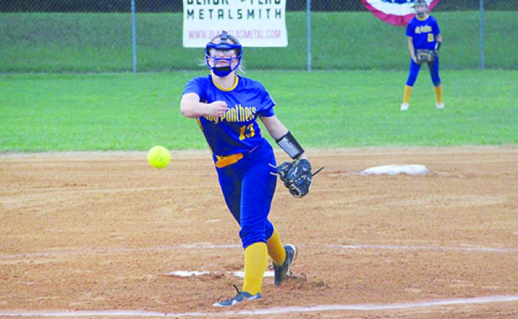 Palatka’s Addison Barrett delivers a pitch for her 14-and-under Babe Ruth softball team in a 5-3 win over Dixie County in the championship game. Barrett struck out 12 batters in going the distance for the victory. (COREY DAVIS / Palatka Daily News)