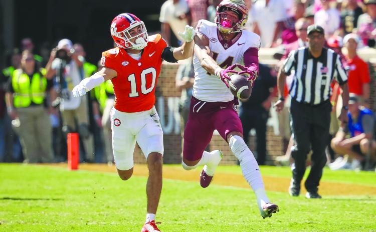 Florida State wide receiver Johnnie Wilson makes a spectacular catch against Clemson’s Jeadyn Lukus during the Seminoles’ win over the Tigers. (GREG OYSTER / Special to the Daily News)