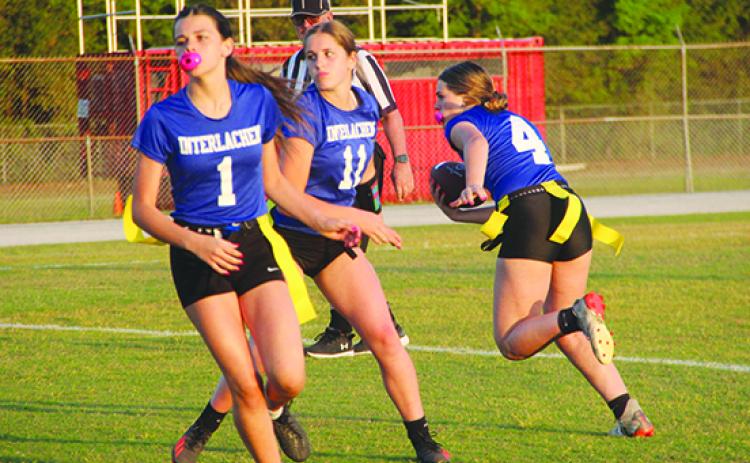 Seen in a game last year, Paislee Guessford (1) and Camryn Link (11) had a hand in the two touchdowns that lifted Interlachen to a 13-0 win Thursday over Jacksonville Global Outreach. (COREY DAVIS / Palatka Daily News)