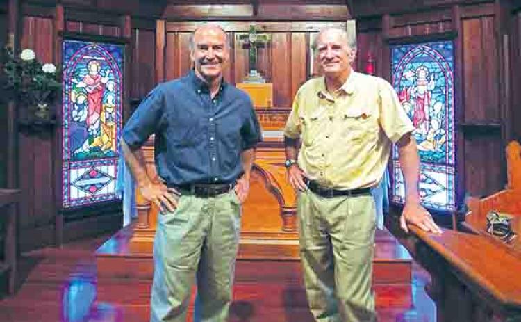 Submitted photos – Author Jonathan Rich, left, and photographer Phil Eschbach, are pictured in one of the historic churches featured in their book, “Spires in the Sun: the Carpenter Gothic Episcopal Churches of Florida.”