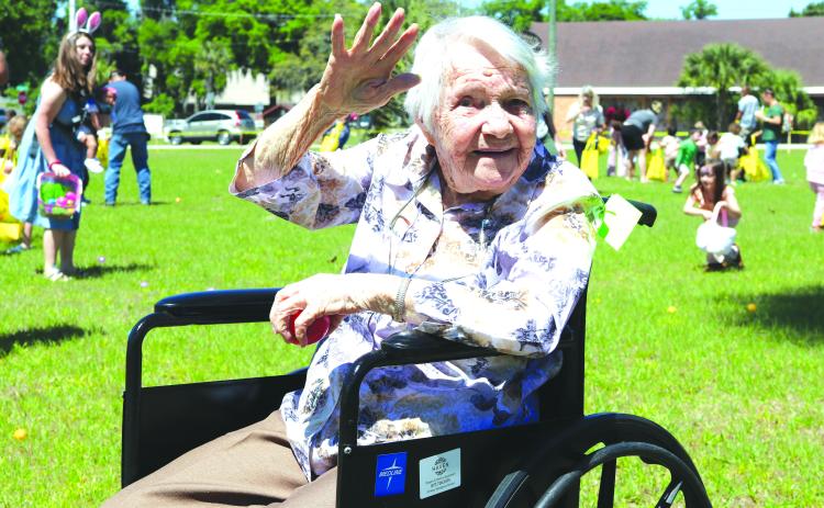 TRISHA MURPHY/Palatka Daily News. Edith Poulin celebrated her 104th birthday a day early on Friday at Radiant Nursing and Rehab Center in Palatka during the center’s Spring Fling Community Event, which included Easter egg hunting for kids and a birthday cake served to guests.