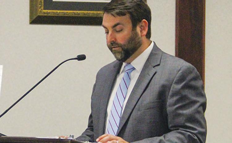 SARAH CAVACINI/Palatka Daily News – Charlie Douglas, the CEO and owner of the Blue Crab Development Group, talks to the Palatka City Commission about his plans to partake in a land swap with the city. 
