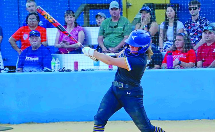 Palatka’s Zoey Clark, seen hitting against Keystone Heights in the District 3-3A championship last Tuesday, will be relied upon to help get bats going against a Baldwin team that is 26-1 and which beat the Panthers, 9-0, in February in a game that was much closer than the final score indicated. (RITA FULLERTON / Special to the Daily News)